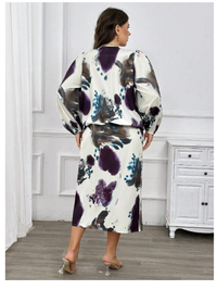High Slit Pleated Print Dye Unique Wrap V-Neck Long Sleeve Split Hem Midi Dress Set