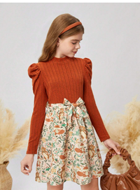 ween Girl Casual Vintage Elegant Knitted Rib Patchwork Ditsy Floral Puff Sleeve Belted A-Line Long Dress Carousel 5