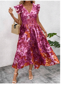 Women's Summer V-Neck Ruffle Hem Dress Maxi Women Outfit