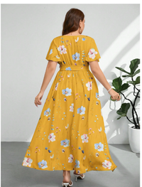Plus Size Women V-Neck Loose Fit Drawstring Waist Slit Print  Carousel 1