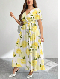  Vintage Yellow Rose Floral Print Loose Fit Plus Size Dress Carousel 4
