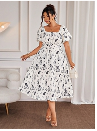 Plus Size Solid Color Floral Print Textured Fabric Square Neck Lantern Short Sleeve Cinched Waist Flared Hem Elegant Long Dress: