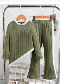 2pcs/Set Young Girl Contrast Color Ribbed Fabric Top And Side Stripe Pants