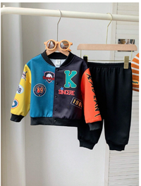 2pcs Set Baby Boys/Girls Casual Sports Style Dropped Shoulder Loose Baseball Collar Jacket & Knitted Jogger Pants Outfit