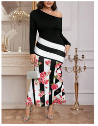 Women's Sexy Form-Fitting Rose Flower Striped Color Block Off Shoulder Long Sleeve Dress