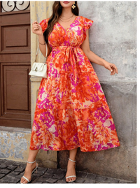 Plus Size Women Floral All-Over Print V-Neck Casual Holiday Ruffle Hem Midi Dress Carousel 3