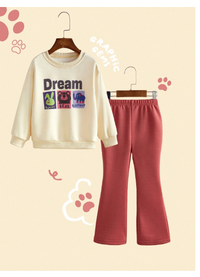 2pcs/Set Girls' (Small) Round Neck Long Sleeve Letter Print Simple Top And Pants Set