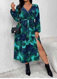 Plus Size Autumn Long Sleeve Dress With High Slit & Floral Print