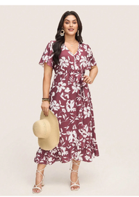 Plus Size Women Floral Print Ruffle Sleeve 