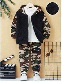 Young Boy Camo Print Hooded Fluffy Jacket & Pants Without Tee