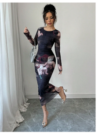  Round Neck Fitted Angel Doll Print Women Dress Carousel 4