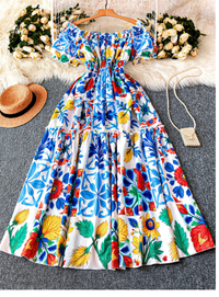 Plus Size Women Off-Shoulder Tied Waist Printed Short Puff Sleeve Bohemian Style Carousel 3