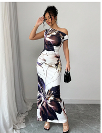 Women's Oblique Shoulder Printed Long Dress Carousel 4
