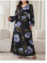 Plus Size Women Holiday Floral Print V-Neck Lantern Sleeve Dress Carousel 1