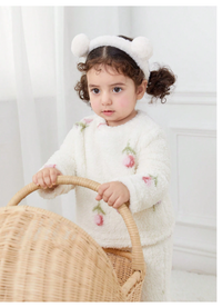 2pcs Baby Girl Tulip Pattern Crew Neck Long Sleeve Soft Comfortable Double-Sided Fleece Pajama Set