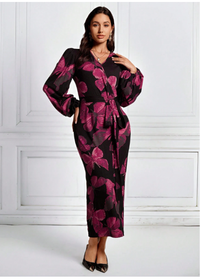 Women's V-Neck Long Sleeve Butterfly Print Casual Long Dress Carousel 4
