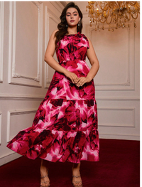 Plus Size Women Floral Print Ruffle Hem Asymmetrical Shoulder Dress Carousel 3