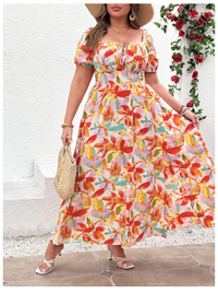 Plus Size Women Plant Print Tie Front Short Sleeve Casual Dress