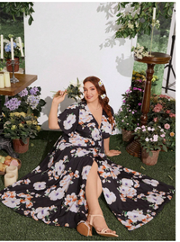 Plus Size Elegant Floral Print Tie-Front Dress Carousel 6