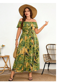 Plus Size Women's Woven Tropical Floral Print Off Shoulder Tie Bow Dress