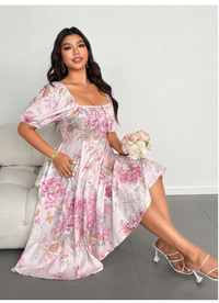 Plus Size Elegant Floral Print Lantern Sleeve Dress