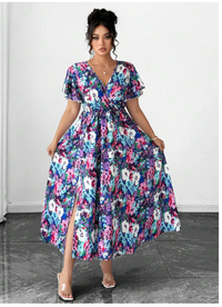  Plus Tropical Print Butterfly Sleeve Dress Maxi Women Outfit Carousel 7