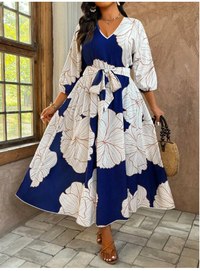 Plus Size Women Floral Print V-Neck Lantern Sleeve Elegant