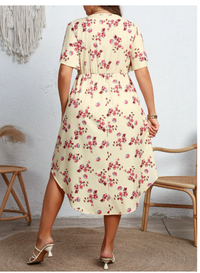  Plus Size Women V-Neck Waist Fit Floral Printed Flare Sleeve Carousel 1