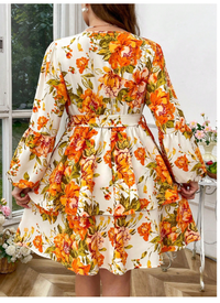 Plus Size Women Floral Print Lantern Sleeve Elegant Dress  Carousel 1