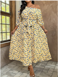 Plus Size Women Vacation Ditsy Floral Asymmetric Neckline Lantern Sleeve Dress Carousel 1