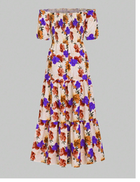 Women Floral Print Short Sleeve Off-The-Shoulder  Carousel 1
