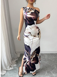 Women's Oblique Shoulder Printed Long Dress Carousel 5
