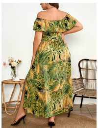 Plus Size Women's Woven Tropical Floral Print Off Shoulder Tie Bow Dress Carousel 1