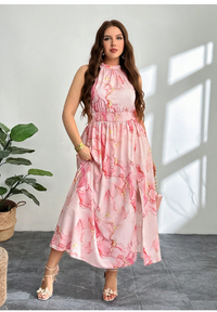 Plus Size Elegant Casual Beach Vacation Pink All-Over Print Halter Gathered Waist High Slit Dress Carousel 4