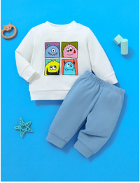  Newborn Baby Casual Cute Funny Colorful Cartoon Monster Graphic Round Neck Long Sleeve Top And Pants
