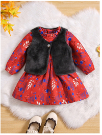 Baby Girl Plants Print Dress & Fleece Vest Jacket