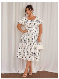 Plus Size Solid Color Floral Print Textured Fabric Square Neck Lantern Short Sleeve Cinched Waist Flared Hem Elegant Long Dress: Carousel 4