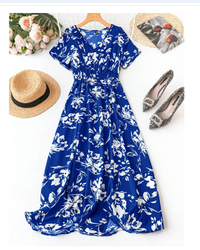 Women Short Sleeve V-Neck Simple Fashion Dress