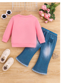 2pcs/Set Baby Girls Fashion Letter & Graphic Print Sweatshirt And Denim Effect Flare Jeans Set