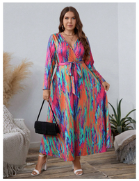 Plus Size Women's Tie-Dye Long Sleeve Elegant Wrap Around Dress Carousel 4