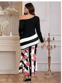 Women's Sexy Form-Fitting Rose Flower Striped Color Block Off Shoulder Long Sleeve Dress Carousel 1
