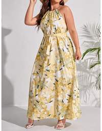 Plus Floral Print Belted Halter Dress Carousel 3
