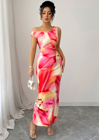 Long Floral Print Slim Fit V-Neck Dress