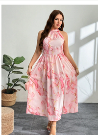 Plus Size Elegant Casual Beach Vacation Pink All-Over Print Halter Gathered Waist High Slit Dress Carousel 1