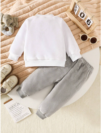 2pcs/Set Baby Boy Elephant Embroidery Fluffy Rib Knit Crew Neck Sweatshirt And Pants Set Carousel 1