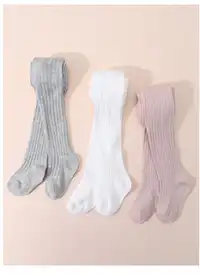 3 Pairs Girls' Solid Color Leggings, Vertical Striped Tights