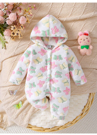 1pc Baby Girls' Cute Fleece Hooded Long Sleeve Romper